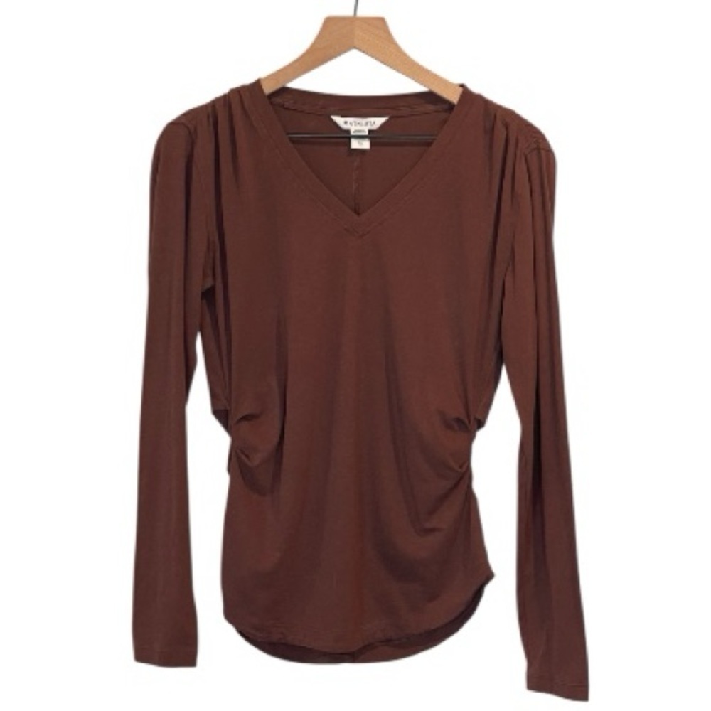 Athleta Outbound Chocolate Brown V-Neck Long Sleeve Ruched Tee, Athleisure, XS - Picture 2 of 16